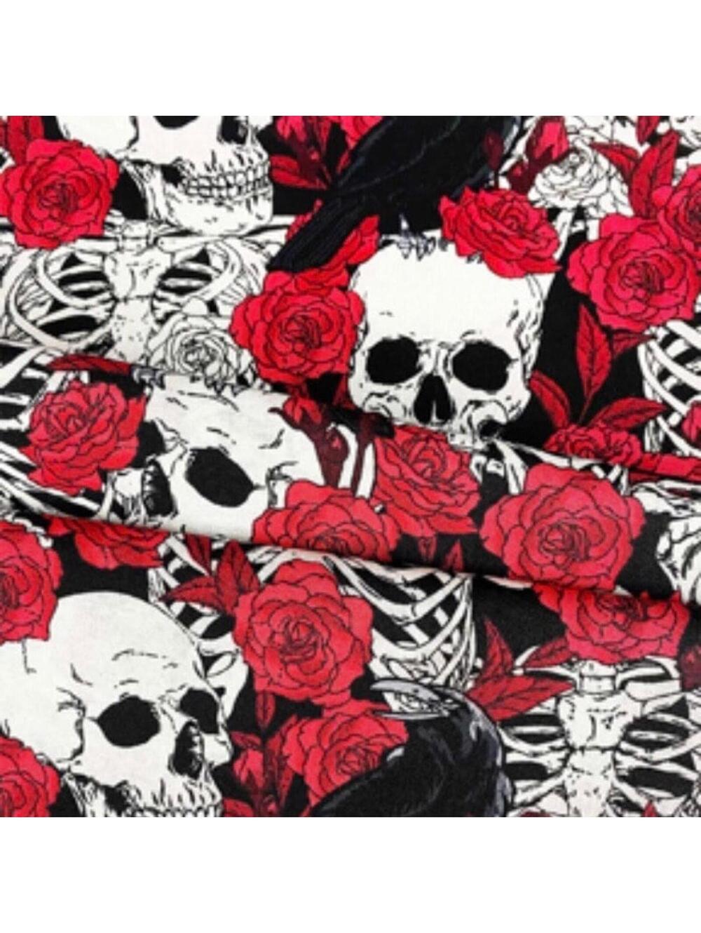 Skeletons Skulls Red Roses Cotton Novelty Fabric  by the 1/2 Yard